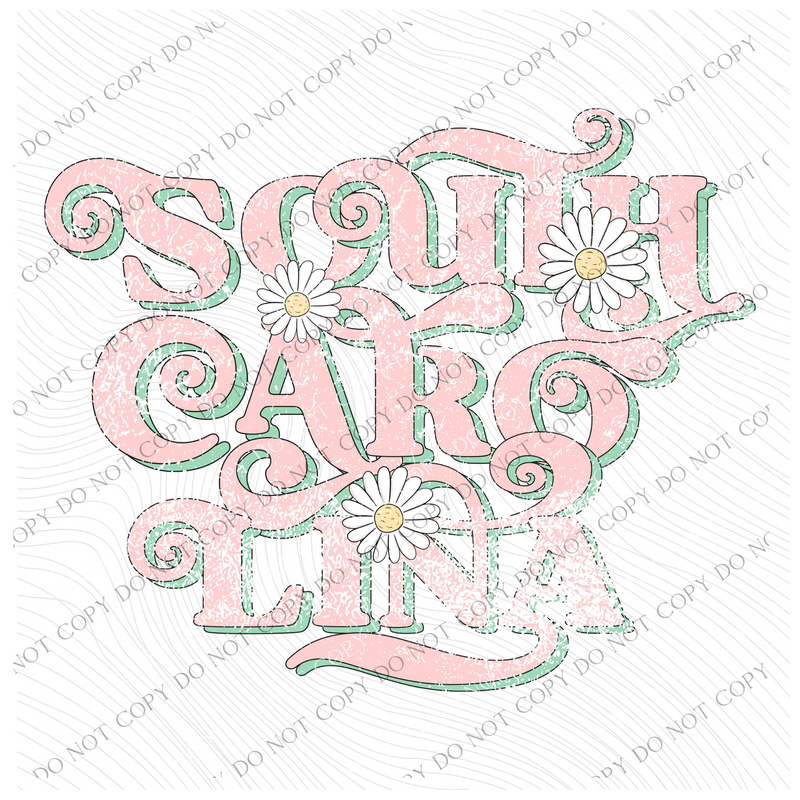 South Carolina Retro Swirl Daisies Distressed Pink & Green Spring & Summer Digital Design, PNG