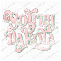 South Dakota Retro Swirl Daisies Distressed Pink & Green Spring & Summer Digital Design, PNG