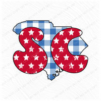SC South Carolina Gingham Stars Red White Blue Digital Design, PNG