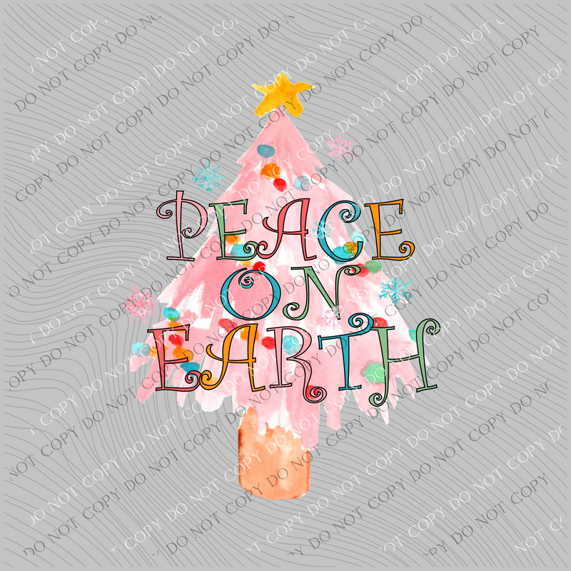 Peace on Earth Pink Christmas Tree Colorful with Snowflakes Digital Download, PNG
