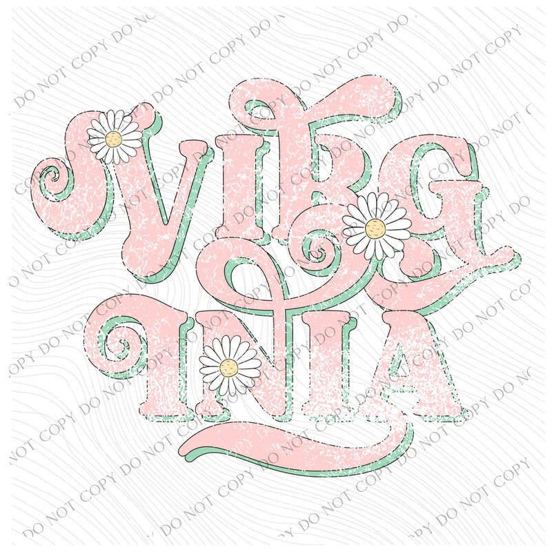 Virginia Retro Swirl Daisies Distressed Pink & Green Spring & Summer Digital Design, PNG