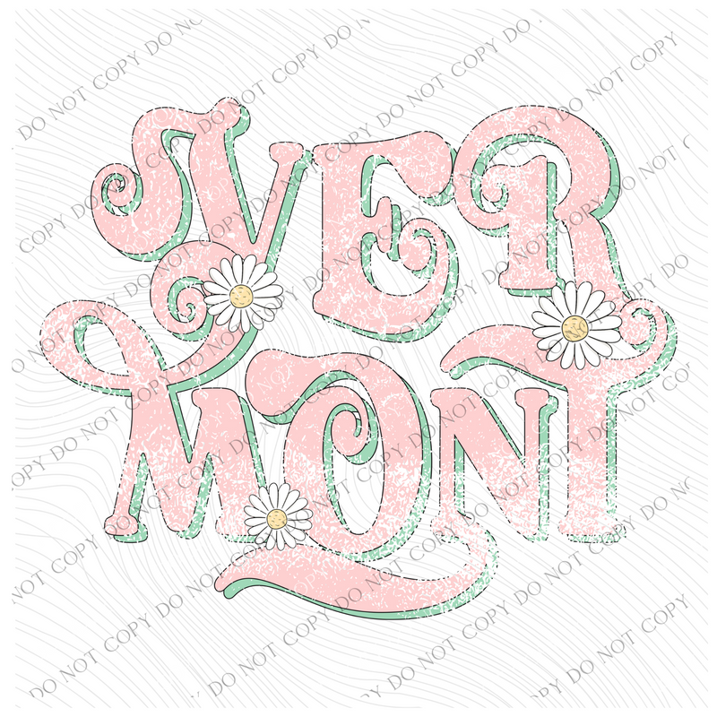 Vermont Retro Swirl Daisies Distressed Pink & Green Spring & Summer Digital Design, PNG