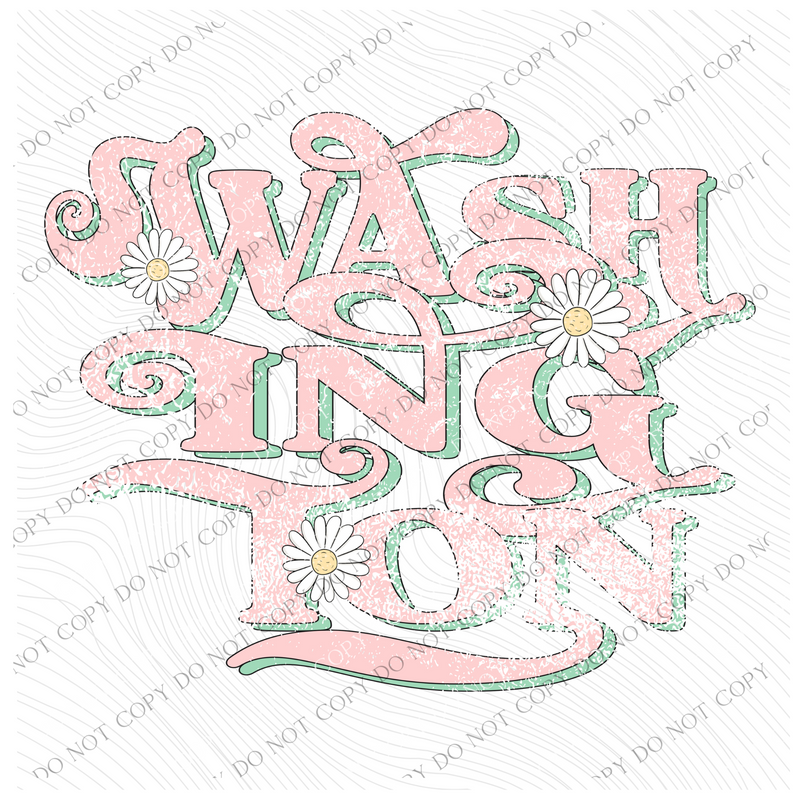 Washington Retro Swirl Daisies Distressed Pink & Green Spring & Summer Digital Design, PNG