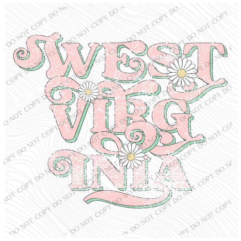 West Virginia Retro Swirl Daisies Distressed Pink & Green Spring & Summer Digital Design, PNG