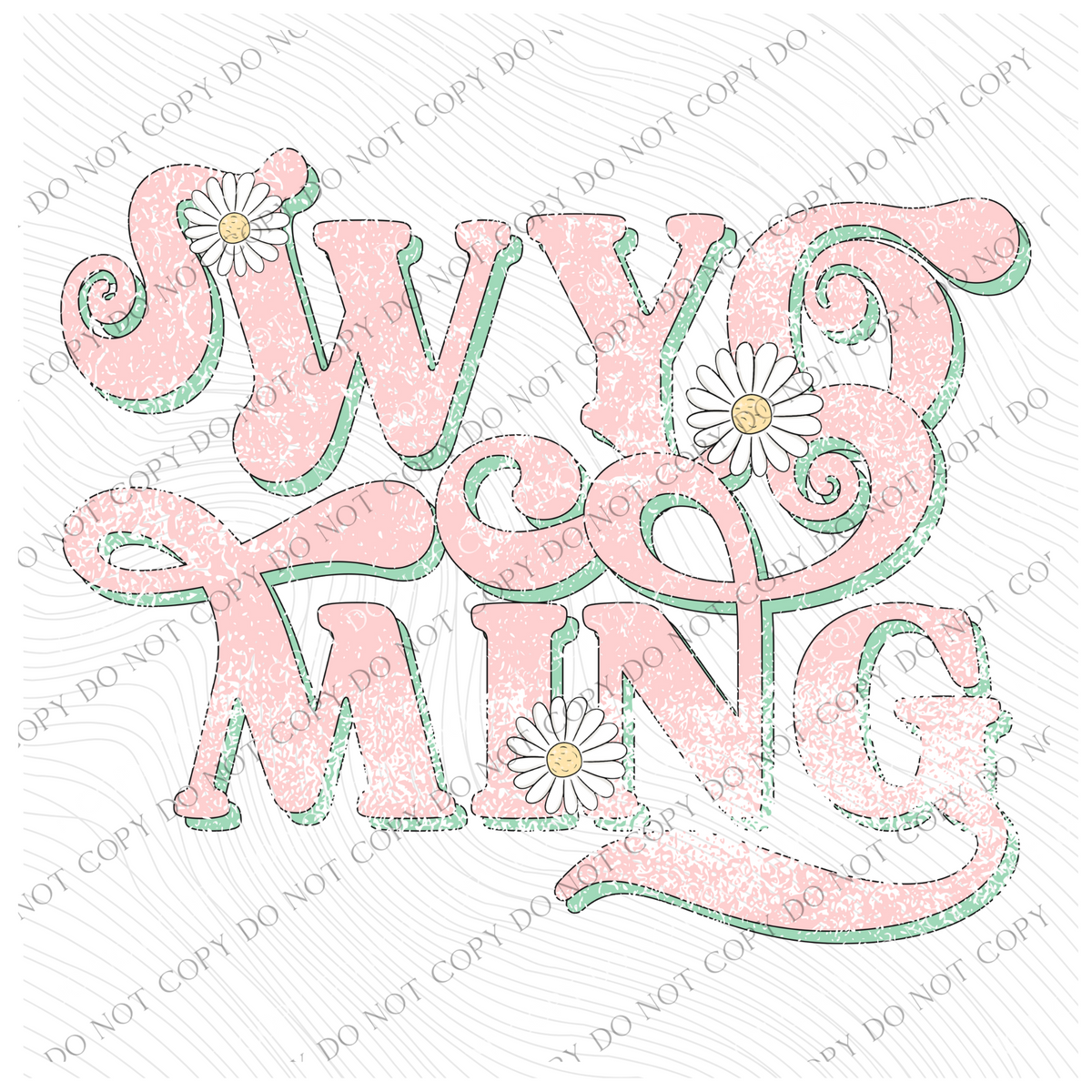 Wyoming Retro Swirl Daisies Distressed Pink & Green Spring & Summer Digital Design, PNG